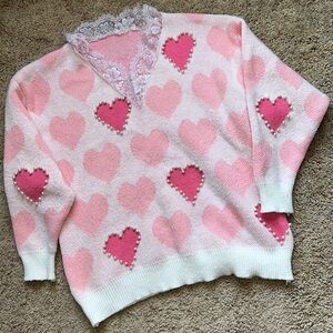 Pink Heart Sweater with Lace Trim